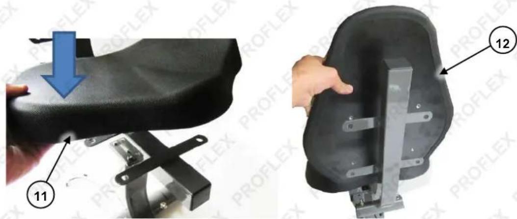 Two views of a black ergonomic seat assembly: one with a blue arrow indicating downward motion, the other with a hand holding a metal bracket (no text or symbols visible)