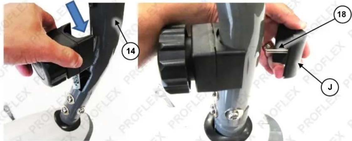 Technical diagram showing two mechanical components with labeled parts 14 and 18, including a hand adjusting a tool.