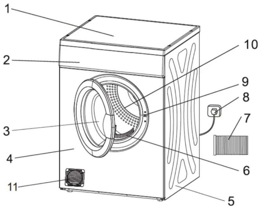 Technical diagram of a washing machine with numbered components for identification
