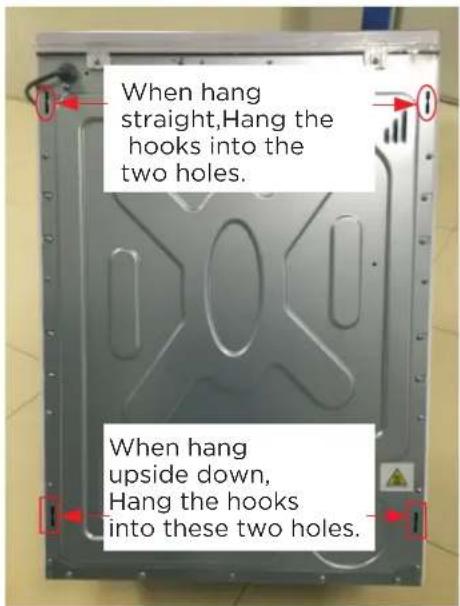 When hang straight,Hang the hooks into the two holes. When hang upside down, Hang the hooks into these two holes.