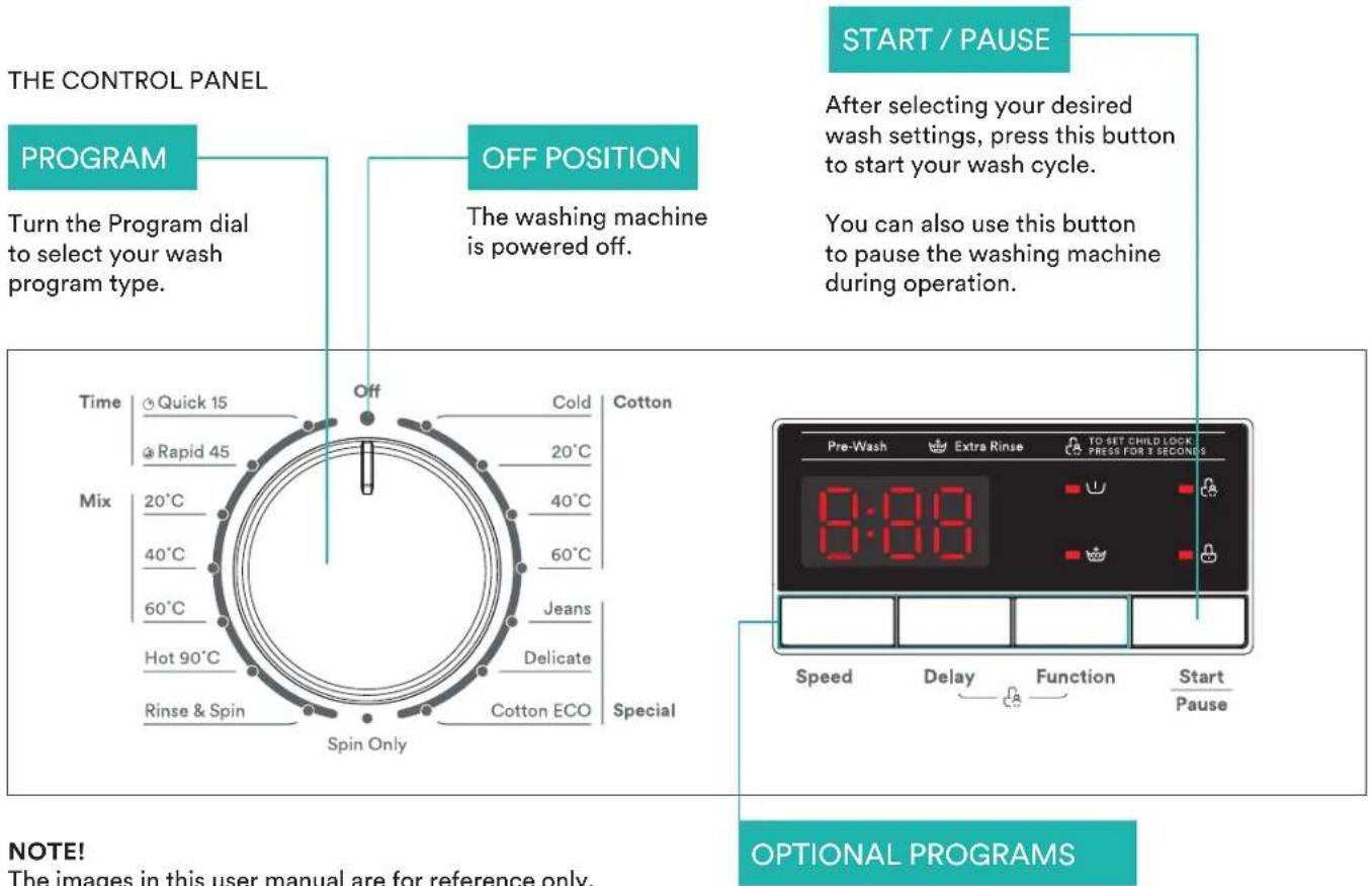 THE CONTROL PANEL PROGRAM Turn the Program dial to select your wash program type. OFF POSITION The washing machine is powered off. START / PAUSE After selecting your desired wash settings, press this button to start your wash cycle. You can also use this button to pause the washing machine during operation. Time Quick 15 Rapid 45 Mix 20°C 20°C 40°C 60°C Hot 90°C Jeans Delicate Cotton ECO Special Rinse & Spin Spin Only COLD Cotton 8:88 Pre-Wash Extra Rinse TO SET CHILD LOCK PRESS FOR 3 SECONDS Speed Delay Function Start Pause OPTIONAL PROGRAMS NOTE! The images in this user manual are for reference only.