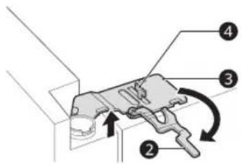 Technical diagram of a mechanical component with numbered parts and directional arrows indicating motion or assembly.