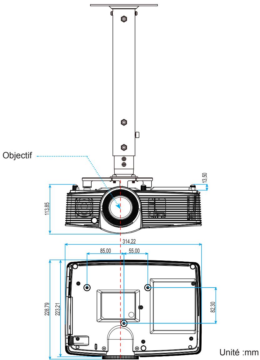 OPTOMA DH400 - Dimensions du projecteur et installation au plafond - 1