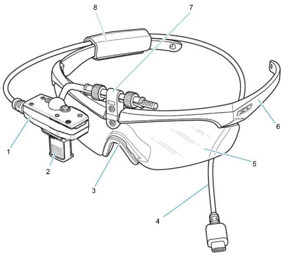 Technical diagram of a smart glasses headset with numbered parts labeled for identification.