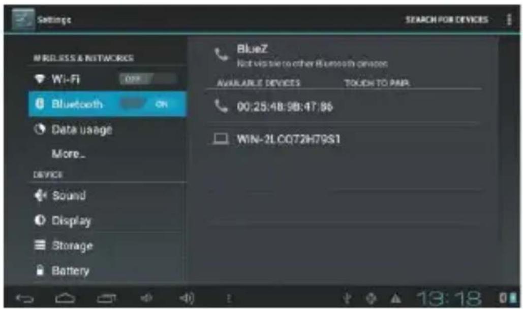 Settings MIRLESS & NETWORKS Wi-Fi Bluetooth Data usage More_ Device Sound Display Storage Battery BlueZ Not visible to other Bluetooth devices AVAILABLE DEVICES TOUCH TO PMP 00:25:48:98:47:86 WIN-2LC0T2H79S1 13:18