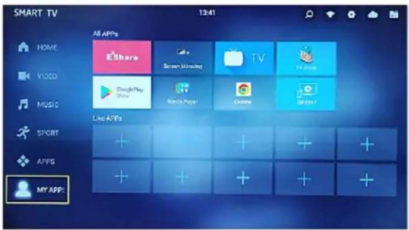 SMART TV 13:41 All APPs HOME EShare Screen Monday TV TV Online VIDEO GooglePlay Show Media Player Chrome My App: Like APPs SPORT + + + + + APPS + + + + MY APP: