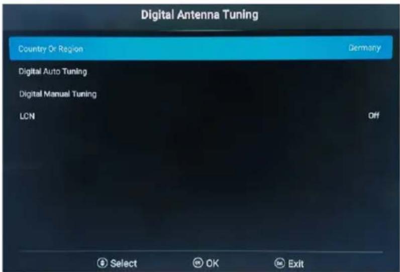 Digital Antenna Tuning Country Or Region Germany Digital Auto Tuning Digital Manual Tuning LCN Off Select OK Exit