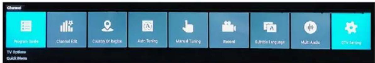 Channel Program Guide Channel Edit Country Or Replace Auto Tuning Manual Tuning Record Subtitle Language Multi Audio DTV Setting TV Options Quick Menu