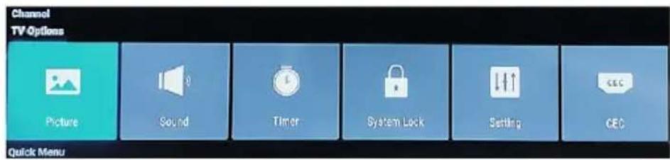 Channel TV-Options Picture Sound Timer System Lock Setting CEC Quick Menu