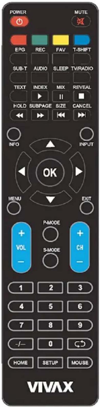 POWER MUTE EPG REC FAV T-SHIFT SUB-T AUDIO SLEEP TV/RADIO TEXT INDEX MIX REVEAL HOLD SUBPAGE SIZE CANCEL INFO INPUT OK MENU EXIT P-MODE + VOL + CH - S-MODE - 1 2 3 4 5 6 7 8 9 -/- 0 HOME SETUP MOUSE VIVAX