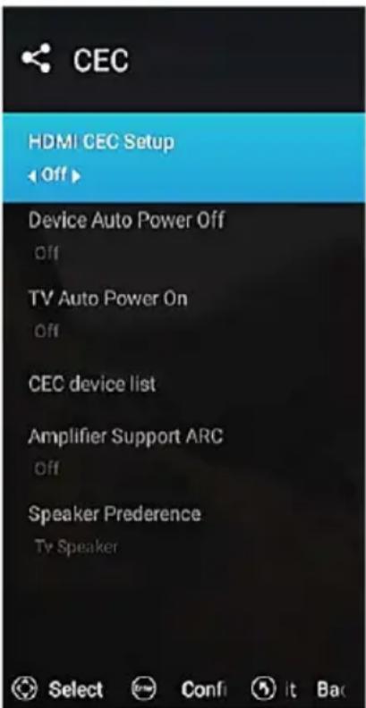 CEC HDMI CEC Setup Off Device Auto Power Off Off TV Auto Power On Off CEC device list Amplifier Support ARC Off Speaker Preference Tv Speaker Select Conf i It Back