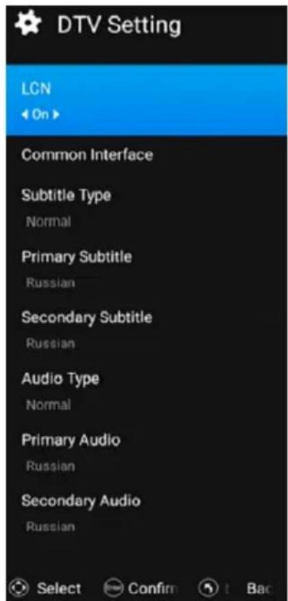 DTV Setting LCN On > Common Interface Subtitle Type Normal Primary Subtitle Russian Secondary Subtitle Russian Audio Type Normal Primary Audio Russian Secondary Audio Russian Select Confirm Back