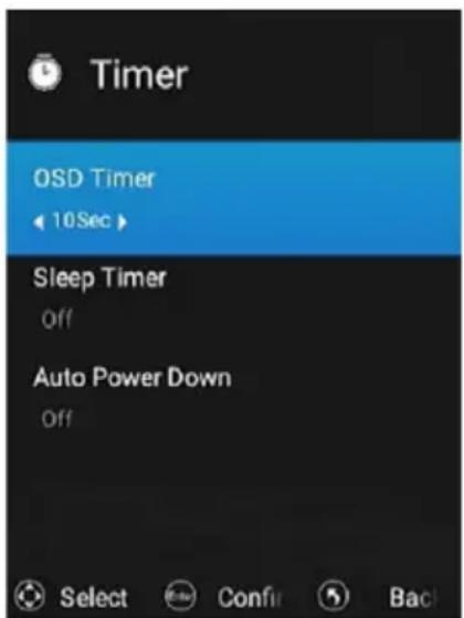 Timer OSD Timer 10Sec Sleep Timer Off Auto Power Down Off Select Confir Back