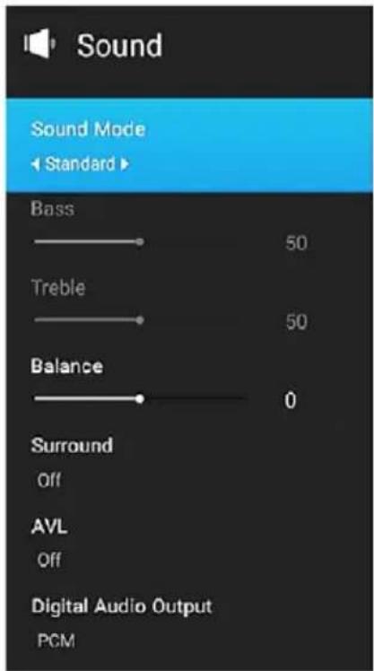 Sound Sound Mode Standard Bass 50 Treble 50 Balance 0 Surround Off AVL Off Digital Audio Output PCM