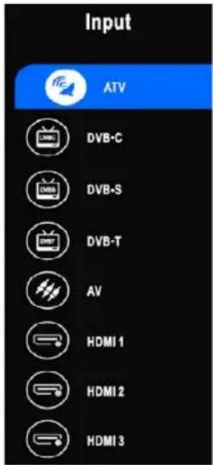Input ATV DVB-C DVB-S DVB-T AV HDMI 1 HDMI 2 HDMI 3