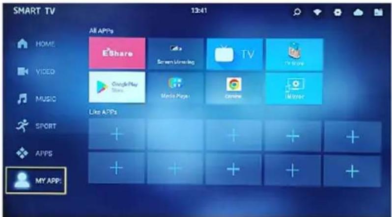 SMART TV 13:41 ALL APPs HOME EShare Screen Minutes TV Video VIDEO Google Play Store Media Page Commerce Master MUSIC Like APPs SPORT + + + + + APPS + + + + MY APP: