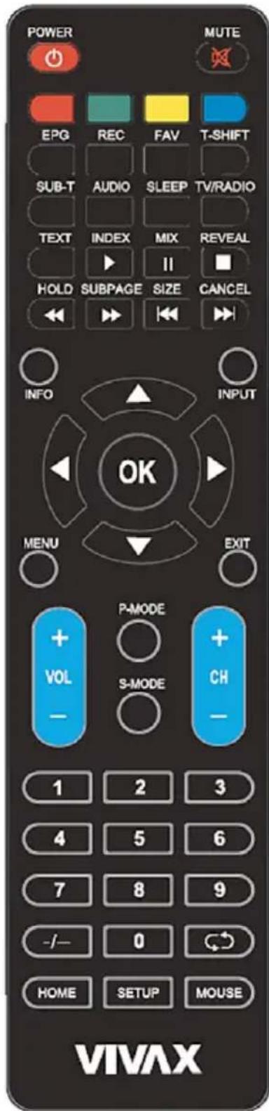 POWER MUTE EPG REC FAV T-SHIFT SUB-T AUDIO SLEEP TV/RADIO TEXT INDEX MIX REVEAL HOLD SUBPAGE SIZE CANCEL INFO INPUT OK MENU EXIT P-MODE + VOL + CH - S-MODE - 1 2 3 4 5 6 7 8 9 -/- 0 HOME SETUP MOUSE VIVAX