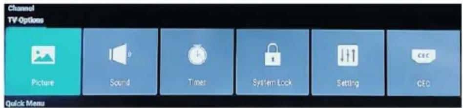 Channel TV-Options Picture Sound Timer System Lock Setting CED Quick Menu