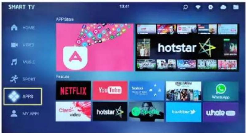 SMART TV 13:41 HOME VIDEO MUSIC SPORT APPS MY APPS APP Store hotstar Feature NETFLIX YouTube Facebook Instagram/WeChat WhatsApp Claero video hotstar Spotify twitter uHale