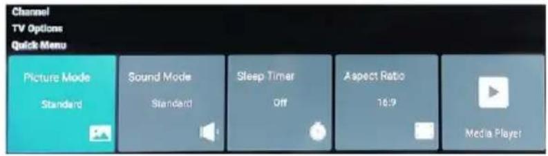 Channel TV Options Quick Menu Picture Mode Standard Sound Mode Standard Sleep Timer Off Aspect Ratio 16:9 Media Player