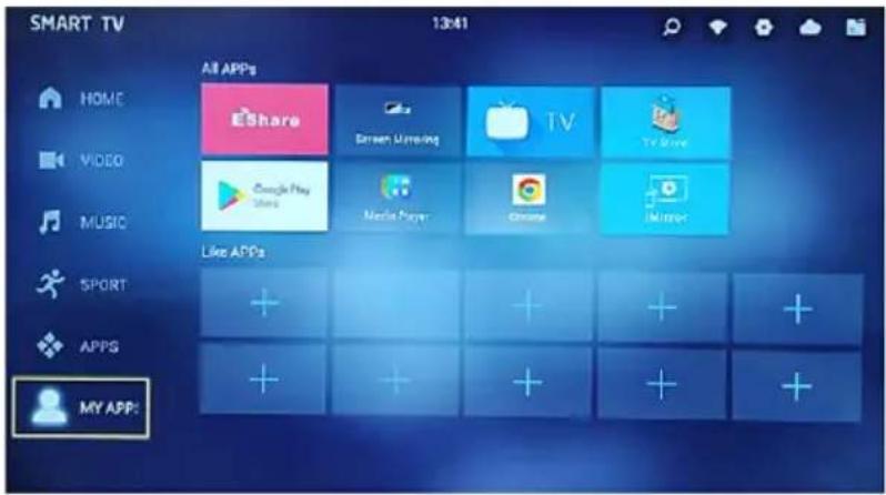 SMART TV 13:41 All APPs HOME EShare Screen Umsing TV TV Drive VIDEO Google Play Share Nokia Player Chrome IMIApp MUSIC Like APPs SPORT + + + + + APPS + + + + MY APP: