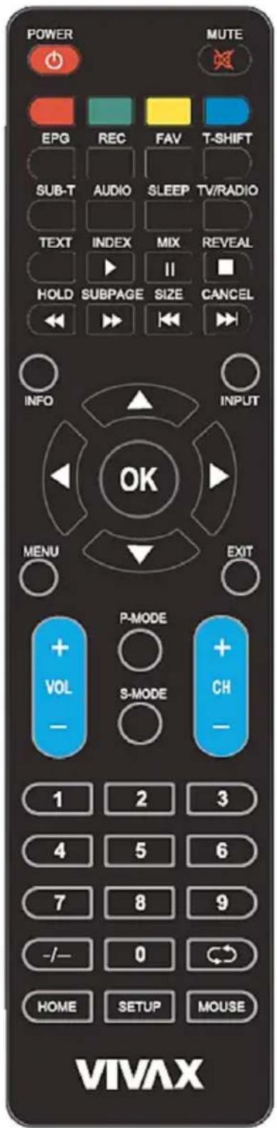 POWER MUTE EPG REC FAV T-SHIFT SUB-T AUDIO SLEEP TV/RADIO TEXT INDEX MIX REVEAL HOLD SUBPAGE SIZE CANCEL INFO INPUT OK MENU EXIT P-MODE + VOL + CH - S-MODE - 1 2 3 4 5 6 7 8 9 -/- 0 HOME SETUP MOUSE VIVAX