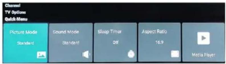 Channel TV Options Quick Menu Picture Mode Standard Sound Mode Standard Sleep Timer Off Aspect Ratio 16.9 Media Player