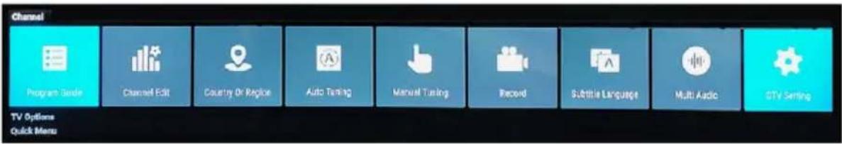 Channel Program Guide Channel Edit Country Or Region Auto Tuning Manual Tuning Record Subtitle Language Multi Audio GTV Setting TV Options Quick Menu