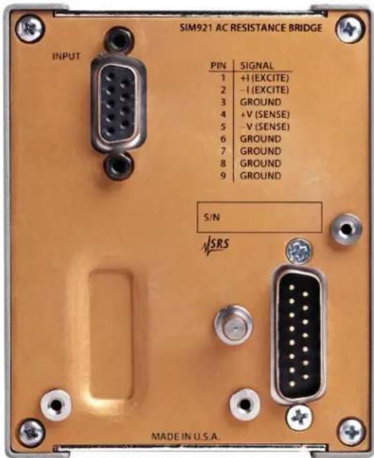 SIM921 AC RESISTANCE BRIDGE INPUT PIN | SIGNAL 1 | +I (EXCITE) 2 | -I (EXCITE) 3 | GROUND 4 | +V (SENSE) 5 | -V (SENSE) 6 | GROUND 7 | GROUND 8 | GROUND 9 | GROUND S/N WSRS MADE IN U.S.A.