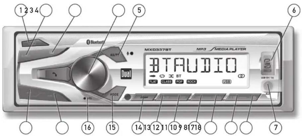 1 2 3 4 Bluetooth AS/PS 5 MXD337BT MP3 MEDIA PLAYER 30T AUDIO FLAT CLASS POP ROCK USB USB 6 Dual MODE 16 15 14 13 12 11 10 9 8 7 18 7 AUTO