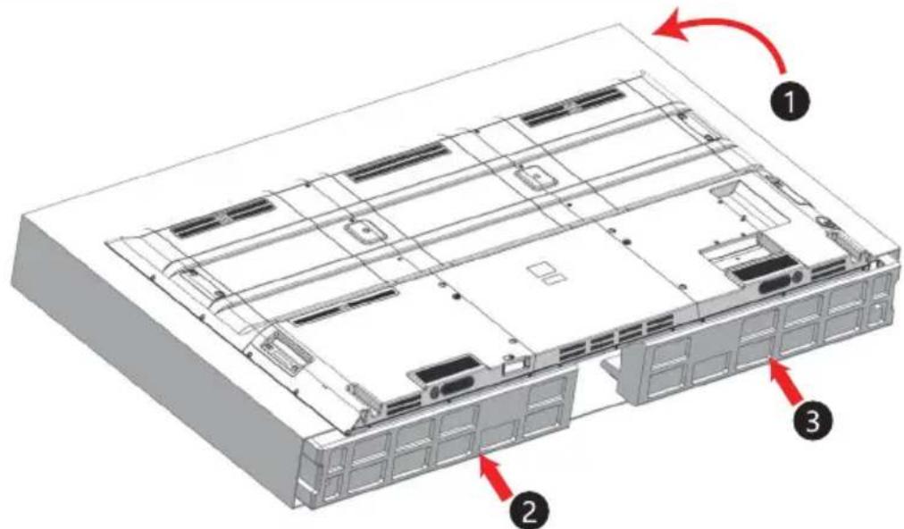 Technical diagram of a server rack with numbered components and red directional arrows indicating motion or assembly.