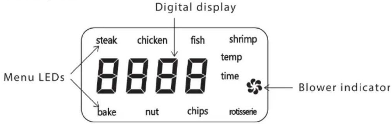 Digital display steak chicken fish shrimp temp time blower indicator Menu LEDs bake nut chips rotisserie