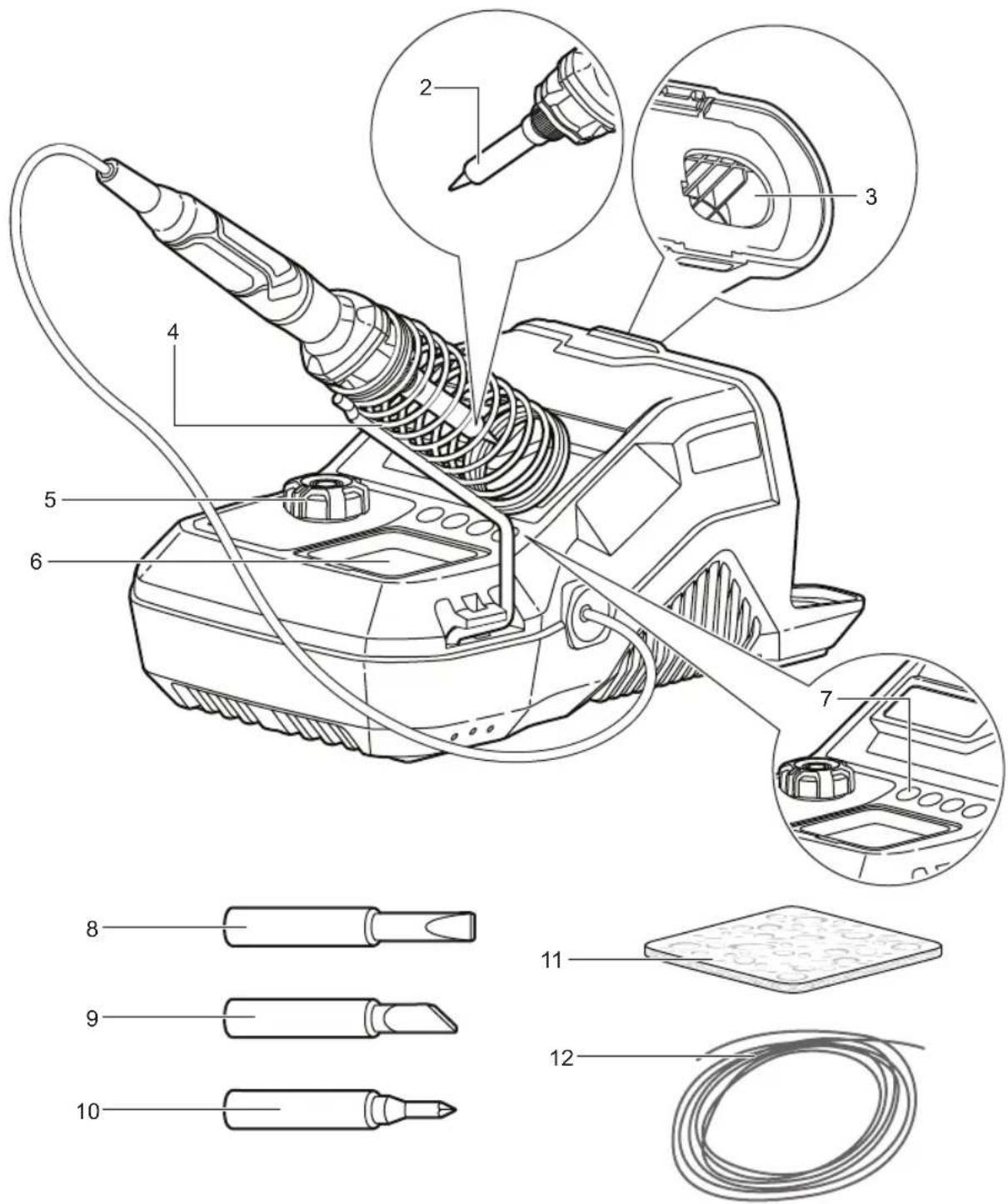 Technical diagram of soldering iron with numbered parts and exploded view, including soldering probes, wire, and clamps.