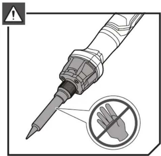 Safety warning illustration showing a soldering iron with a no-handled hand symbol and warning symbol