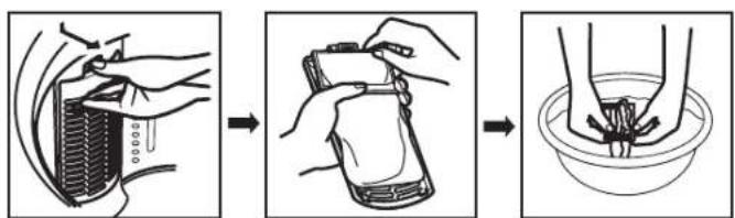 Diagram illustrating a three-step procedure for cleaning a battery, showing hand positioning and washing steps.