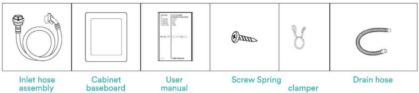 Inlet hose assembly Cabinet baseboard User manual Screw Spring clamper Drain hose