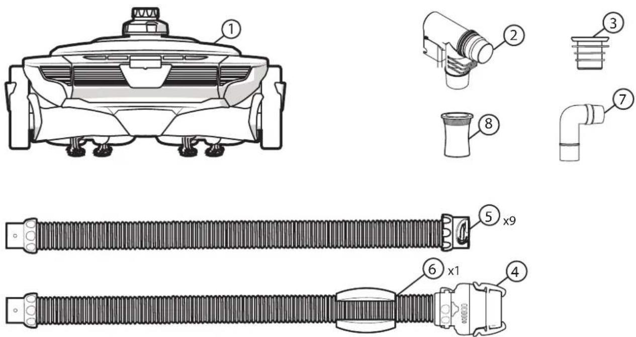 Technical diagram of a robotic device with labeled parts including chassis, connector, and tubing components