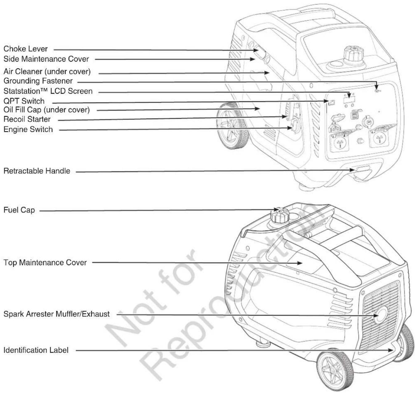 Choke Lever Side Maintenance Cover Air Cleaner (under cover) Grounding Fastener Statstation™ LCD Screen QPT Switch Oil Fill Cap (under cover) Recoil Starter Engine Switch Retractable Handle Fuel Cap Top Maintenance Cover Spark Arrester Muffler/Exhaust Identification Label