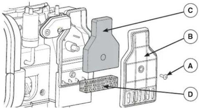 Technical diagram of a mechanical assembly with labeled parts A, B, C, and D