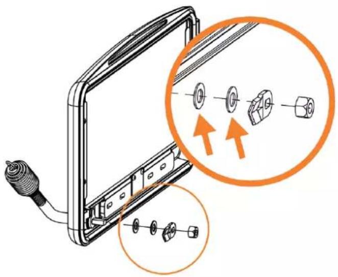 Diagram showing exploded view of a device with labeled parts and orange arrows indicating assembly or inspection steps.