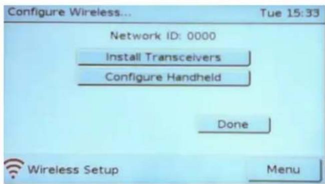 Configure Wireless... Tue 15:33 Network ID: 0000 Install Transceivers Configure Handheld Done Wireless Setup Menu