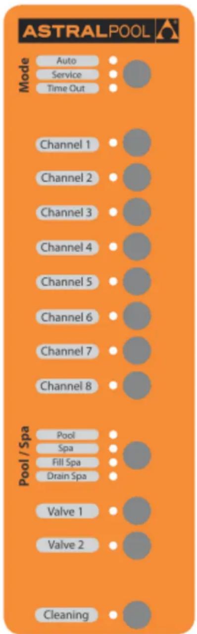 ASTRALPOOL Mode Auto Service Time Out Channel 1 Channel 2 Channel 3 Channel 4 Channel 5 Channel 6 Channel 7 Channel 8 Pool / Spa Pool Spa Fill Spa Drain Spa Valve 1 Valve 2 Cleaning