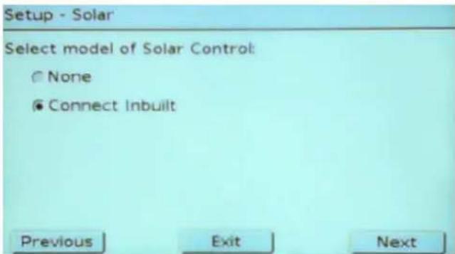 Setup - Solar Select model of Solar Control: ○ None ● Connect Inbuilt Previous Exit Next