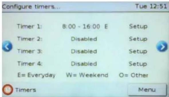 Configure timers... Tue 12:51 Timer 1: 8:00 - 16:00 E Setup Timer 2: Disabled Setup Timer 3: Disabled Setup Timer 4: Disabled Setup E= Everyday W= Weekend O= Other Timers Menu