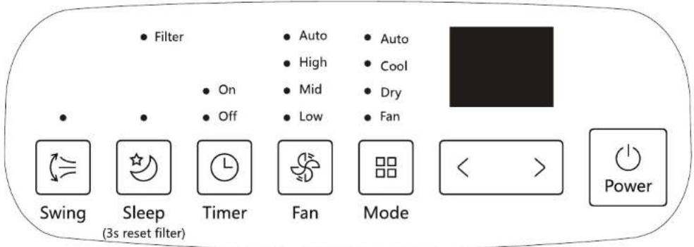 Filter On Off Auto High Mid Low Auto Cool Dry Fan Swing Sleep (3s reset filter) Timer Fan Mode Power