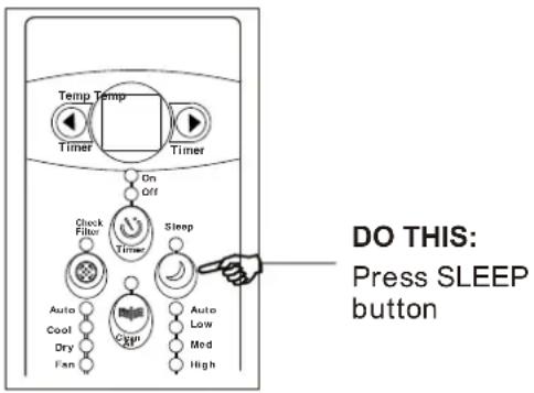 Temp Temp Timer Timer On Off Check Filter Time Sleep Auto Cool Dry Fan 0.5gm Auto Low Med High DO THIS: Press SLEEP button