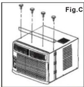 Line drawing of an air conditioner unit with ventilation grilles and mounting points (no text or symbols)