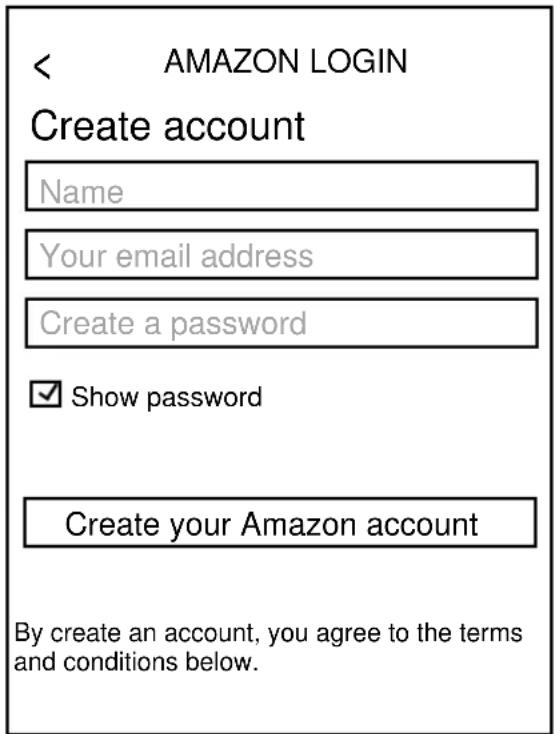 < AMAZON LOGIN Create account Name Your email address Create a password ✓ Show password Create your Amazon account By create an account, you agree to the terms and conditions below.