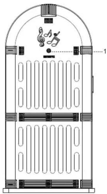 Technical line drawing of a door with decorative musical notes and a clef (no text or symbols)
