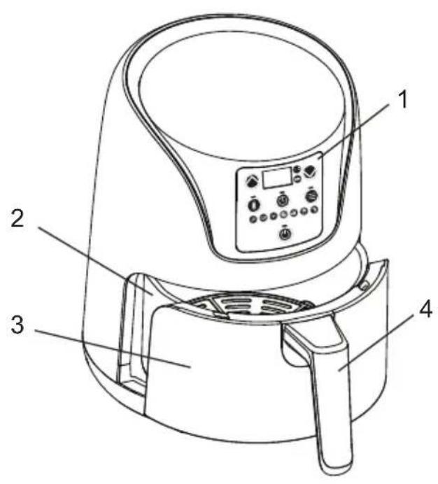 Technical diagram of an air fryer with labeled parts including control panel, air intake tray, and air outlet.